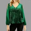 Women's Blouses Women Off-the-shoulder Top Elegant Sequin Patchwork V Neck Blouse For Stylish Hollow Out Lantern Sleeve Pullover Soft