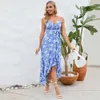 Casual Dresses Women Dress Floral Print Strappy Midi With Lace-up Detail Ruffle Hem Women's Vacation Beach Sundress For Summer Style