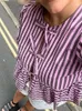 T-shirts pour femmes Casual Femmes Stripe Print Lace Up Court Puff Sleeve Top Shirt Élégant Col Rond Lâche Hem Tops Courts 2024 Tenue d'été