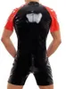 Kısa Kollu Islak Görünüm Pvc Catsuit Parlak PU Deri Fermuar Açık Kasık Bodysuit Sıkı şekillendiriciler Seksi Playsuits Mayo Şavvonu 240315