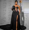 2024 Sexy Black Mermaid Prom Dresses Side High Split Illusion Bodice One Shoulder Long Satin Evening Dress Beaded Pleats Pageant Special Occasion Gown For Women