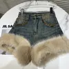 Shorts pour femmes hiver feuille de métal poche peluche bord denim femmes