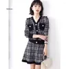 Work Dresses Fashion Houndstooth Knitted Sweater Skirt Two Piece Set Women's Casual Single-Breasted Pullover Knit Tops And A-Line Skirts