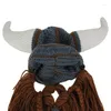 Bérets adulte barbe Viking tricot chapeau barbare taureau corne crochet bonnet perruque à la main masque pour hommes chaud drôle casquette de ski