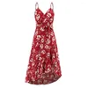 Robes décontractées Femmes robe à bretelles imprimé floral midi avec détail à lacets ourlet à volants vacances plage robe d'été pour l'été