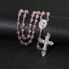 KOMi Pink Rosary Beads Cross Pendant Long Necklace For Women Men Catholic Christ Religious Jesus Jewelry Gift R-2333099