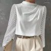 Kvinnors blusar White Mesh Patchwork Shirt Blue Women Fahsion O-Neck Lantern Sleeve Shirts For 2024 Spring Casual Folds Tops