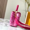 Luxuriöse bedruckte Umhängetasche, Designer-Einkaufstasche, echtes Leder, luxuriöse rosa Umhängetasche, Capuchines BB klassische Vintage-Einkaufstasche, Geldbörse mit psychedelischem Muster