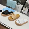 Designer sandals thick bottom sandal slippers for women Wood sole knit triangle Straw weave Slipper Summer Flat heel Casual Flip flops outdoors pool Sliders beach