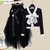 Springsummer Set Women Korean Fashion Bow Sweter Wiek Zmniejszenie pół spódnicy Elegancka dwuczęściowa Dwuczęściowa 240315