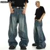 Reddachic torcido costura homens baggy jeans vintage lavagem bigodes retalhos perna larga casual calças oversize skater hiphop streetwear 240311