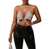 Tanques femininos sexy halter sem costas corrente de metal strass sutiãs de malha para mulheres festa boate jóias do corpo camisola colheita topo