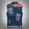 Weste für Herren, gespleißte USA-Flagge, Demin-Weste, Herrenjacken, modische Jeans, Streetwear, lässig, Biker, Vintage, ausgefranste Taschenmäntel 240304