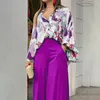 Plus Size Print Womens Set Long Sleeve Shirt Tops and Straight Wide Leg Pants Elegant Tracksuit Two 2 Piece Set Fitness Outfits 240318