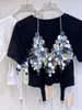 Women's T Shirts KUSAHIKI Spring Summer Fashion Round Neck Korean Versatile Short Sleeved T-shirt Hollow Sequin Suspender Vest Two-piece Set