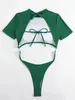 Kvinnors badkläder Bikini Kvinnor Swimsuit 2024 Grön SHORT SLEEVE HOLLOW OUT THONG MONOKINI BRAURILIAN BADING SUT PROSE UP EN PIECE