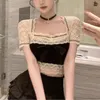 Women's T Shirts GUUZYUVIZ Women Lace Splice Square Collar Short Sleeve Tshirt Y2k Summer Sweet Bow Tie Cropped Top Female