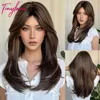 Synthetic Wigs Brown Mixed Blonde Highlight Synthetic Wigs Long Straight Layered Wig with Long Bangs for Women Afro Natural Cosplay Daily Hair 240328 240327