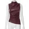 Gtpdpllt PU Leather Tank Top High Fashion Asymmetrical Ruched Sleeveless Blouse Winter Sexy T Shirt For Women Y2K Clothes240318