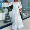 Vestidos casuais retalhos maxi vestido mulheres verão loungewear lace-up três quartos lanterna manga festa gola quadrada solta ajuste streetwear