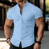 Men's Casual Shirts Summer Short Sleeve Shirt Cotton Blended Breathable Solid Color Collar Button Business Commuter