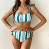 Женские купальники, женский купальник 2024, сексуальное бикини с высокой талией, комплект в полоску в стиле ретро, купальный костюм, пляжная одежда для плавания