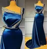 Azul real cetim sereia vestidos de noite formais para mulheres cristal frisado plus size vestidos de festa de baile robe de casamento 18