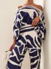 Kvinnors tvåstycksbyxor trycker Satin outfit Summer Lantern Sleeve Off Axla Blus Office Lady 2 Set Fashion Casual Wide Leg Suits