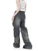 Jeans pour femmes 2024 Femmes Star Couture Pantalon à pompon Américain Rétro High Street Lâche Large Jambe Tendance Punk Y2k