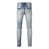 Jeans pour hommes High Street Coton Qualité Trou Cassé Plissé Fleur De Cajou Homme Pantalon Bleu Slim Fit Denim Pantalon Homme