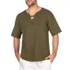 Мужские футболки, льняные мужские хлопковые однотонные свободные рубашки с короткими рукавами, футболки на шнуровке, средневековая туника с v-образным вырезом, Camisa De Hombre