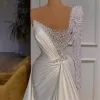 2024 Sexy Luxury White Mermaid Wedding Dresses Illusion Pearls Beadings One Shoulder Satin Long Sleeve Plus Size Bridal Gowns vestidos de novia