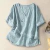 Blusas femininas mulheres algodão linho top estilo étnico camisa com decote em v com fivela de disco detalhe solto ajuste manga curta para