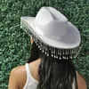 Fashion Rhinestone Fringe Cowgirl Hat Solid Color Western Cowboy Cap with Adjustable Drawstring Wide Brim Party Jazz Top Hat 240312