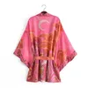 Boho Queens Donna Stampa floreale Manica a pipistrello Spiaggia Abiti kimono bohemien Donna Scollo a V Rayon Cotone Abito corto Kimono 240314