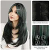 Synthetic Wigs Long Straight Wigs with Curtain Bangs Green Highlight Layered Ombre Wig for Women Synthetic High Density Black Hair End Dye Wig 240328 240327