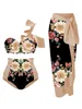 Costume da bagno da donna Stampa floreale vintage Pieghe di pizzo alla moda Modello di design in due pezzi Set bikini estivo a vita alta e copertura lunga