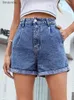 Shorts femininos benuynffy sólido cintura alta em linha reta jean shorts feminino 2024 verão casual streetwear senhoras bolso rolado hem denim shortsc243128