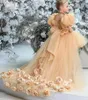 Girl Dresses Champagne Girls Party Puff Sleeves Kid Wedding Dress Short Front Long Back Ball Gowns For Kids Birthday Pageant Gown