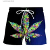 Men's Shorts e3D Swimming Trunks 2023 Summer Mens Hemp 3D Printed Grn Leaf Shorts Fashion Casual Comfortable Beach Resort Bermuda Shorts Y240320