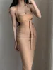 Lässige Kleider WOMENGAGA Französisch Retro Slash Neck Low Chest Trägerloser Riemen Sexy Slim Maxi Langes Kleid Strickoberteile OL Korean FV7H