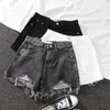 Moda coreana verão shorts mulheres buraco cintura alta jeans curtos rebarbas feminino construir uma palavra rasgada calças curtas de pernas largas streetwear 240314