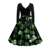 Lässige Kleider St. Patrick's Day Party für Frauen 2024 Gürtel V-Ausschnitt Langarm Vier Blatt Strohdruck Vintage Swing A Line Kleid