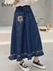 Skirts Women's Vintage Floral Embroidery Dot Denim Skirt Japanese Mori Girl Drawstring Pleated Long Female Casual Midi