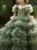 Girl Dresses Green Tulle Ball Gown Applique Tiered Short Sleeve Flower For Wedding Communion Party Pageant Skirt Custom FL4-3.2