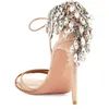 Sandals Suede Mixed Diamond Women Rhinestone Fringe Lace-Up Hollow High Heels Round Toe Stiletto Gold Party Banquet Ladies Shoes