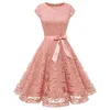 Casual Dresses Women's Vintage Pink Lace Flower Evening Prom Dress Elegant Hollow Short Sleeve For Wedding Party Robe De Cocktail