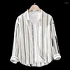 Men's Casual Shirts 2024 Autumn Loose Fit Large Linen Shirt Youth Art Stripe Square Neck Long Sleeve Cotton