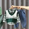 Kläder sätter pojkar 'baby höstdräkt 2024 barns fashionabla kläder vår och väst skjorta jeans 3 bit set