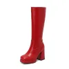 Botlar Gümüş Kırmızı Plus Boyut 46 47 48 Büyük Ayakkabı Platformu Chunky High Topuklar Zip Squre Toe Batı Binicilik Kış Kneehigh Kadın Botları